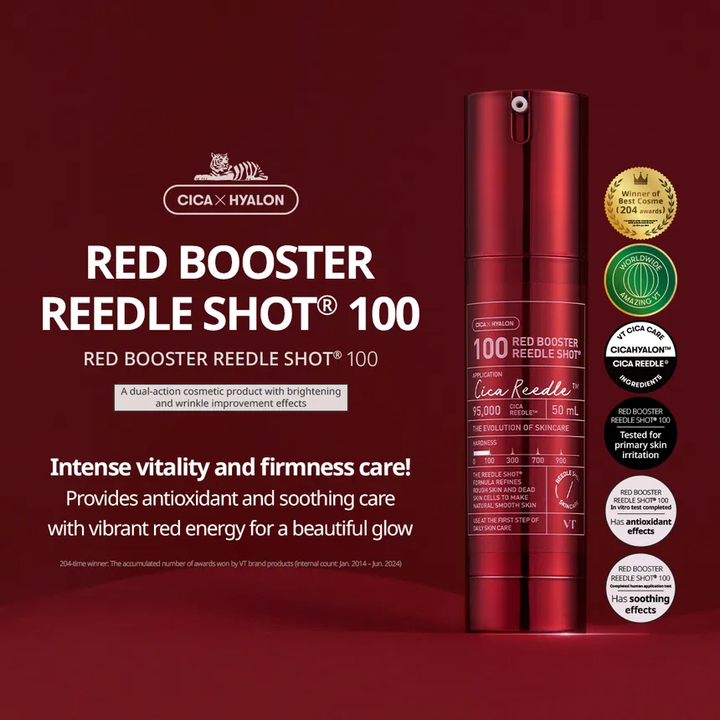 Red Booster Reedle Shot 100 skincare product on a red background with Cica Hylalon branding.