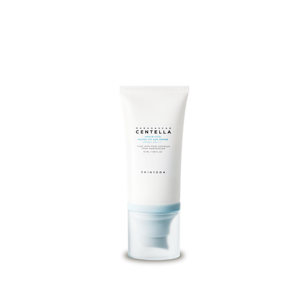 A bottle of Skin1004 Madagascar Centella Hyalu-Cica Water-Fit Sun Serum with text highlighting it as the 'NO.1 SUN SERUM' with a 'Serum Like Texture Dewy Finish With No Whitecast', and indicating a 100ml quantity.