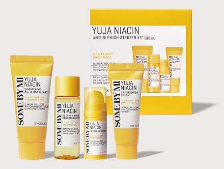 Some By Mi Yuja Niacin Anti-Blemish Starter Kit | Set of 4 Travel Kit | Includes Toner 30ml + Serum 10ml + Gel Cream 30g + Sleeping Mask 20g | For Natural Brightning of Skin