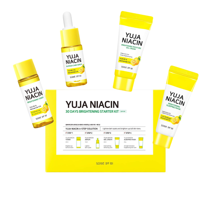 Some By Mi Yuja Niacin Anti-Blemish Starter Kit | Set of 4 Travel Kit | Includes Toner 30ml + Serum 10ml + Gel Cream 30g + Sleeping Mask 20g | For Natural Brightning of Skin