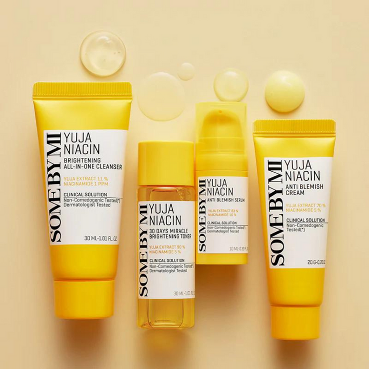 Some By Mi Yuja Niacin Anti-Blemish Starter Kit | Set of 4 Travel Kit | Includes Toner 30ml + Serum 10ml + Gel Cream 30g + Sleeping Mask 20g | For Natural Brightning of Skin