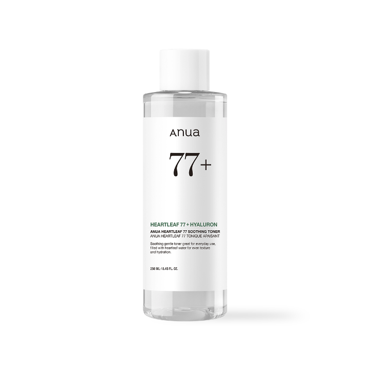 A clear plastic bottle of Anua 77+ Heartleaf Toner with a white cap and white label, set against a plain white background.
