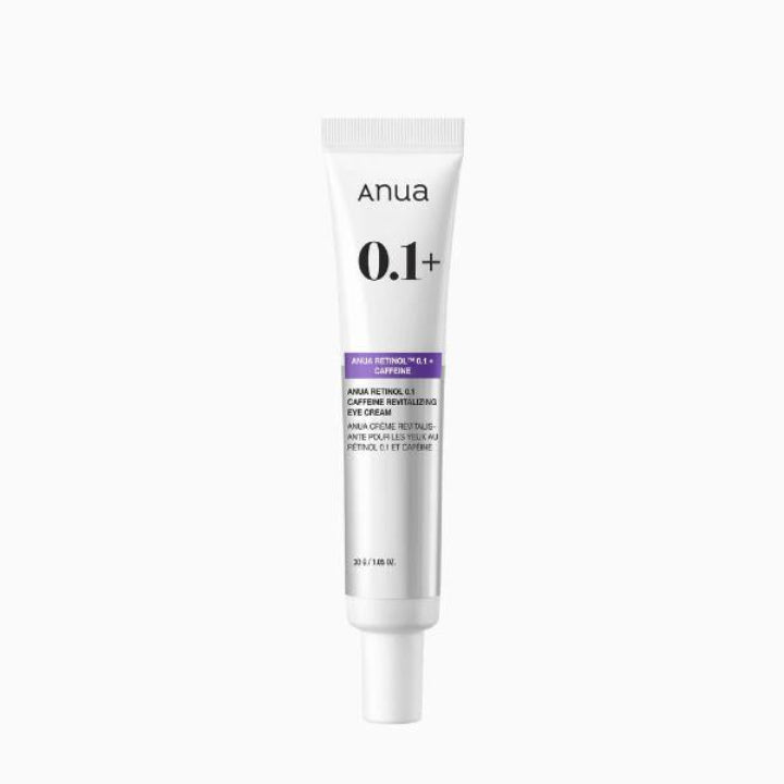 Anua 0.1+ Caffeine Stimulating Eye Cream in a white squeeze tube with a purple accent band, centered on a light gray background.