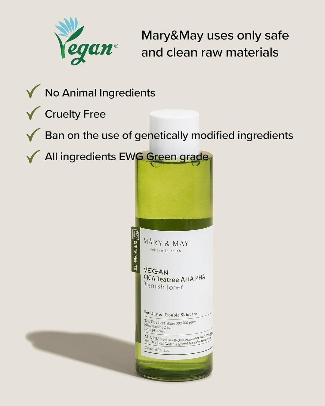 Mary & May Vegan CICA Tea Tree AHA PHA Blemish Toner - 200ml