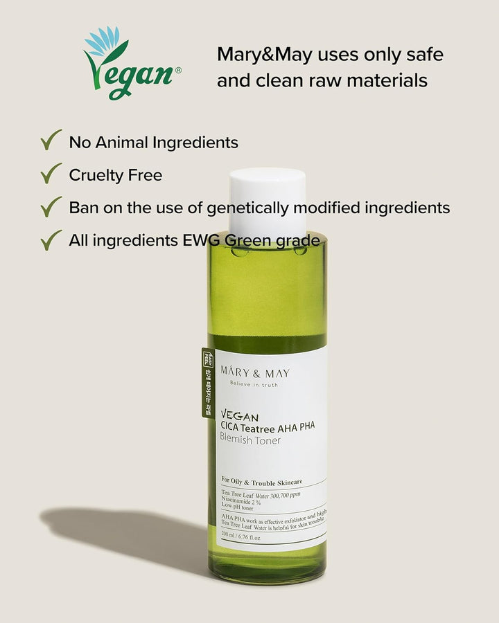 Mary & May Vegan CICA Tea Tree AHA PHA Blemish Toner - 200ml