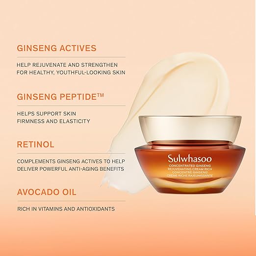 Sulwhasoo Concentrated Ginseng Rejuvenating Cream Rich- Korean Ginseng & Peptide Anti-Aging Rich Moisturizer with Retinol for Wrinkles, Firmness & Nourished Skin, 1.69 fl. oz. (Packaging May Vary)