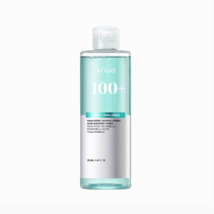 Anua 100+ Acid Exfoliating Toner in a clear plastic bottle with a white cap, showing a light teal liquid inside, on a plain white background.