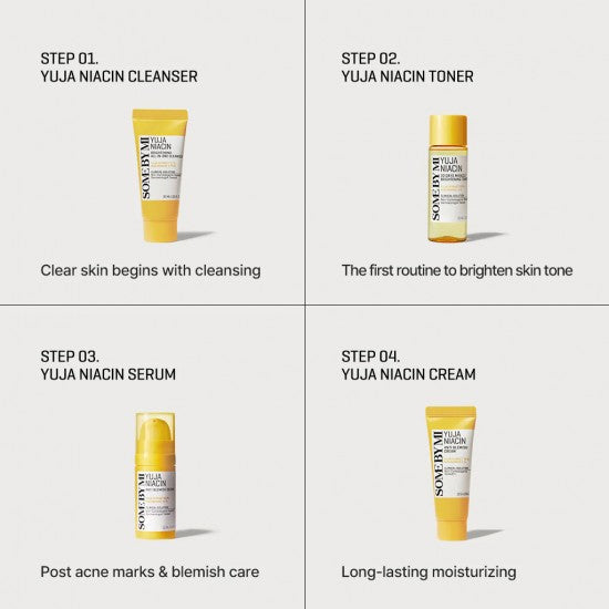 Some By Mi Yuja Niacin Anti-Blemish Starter Kit | Set of 4 Travel Kit | Includes Toner 30ml + Serum 10ml + Gel Cream 30g + Sleeping Mask 20g | For Natural Brightning of Skin